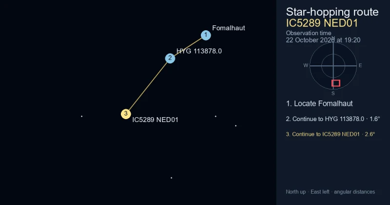 How to find IC5289 NED01 from Fomalhaut