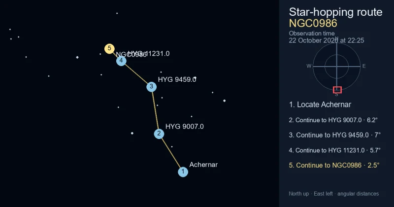 How to find NGC0986 from Achernar