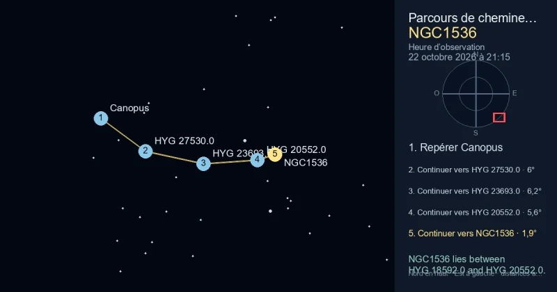 Trouver NGC1536 depuis Canopus