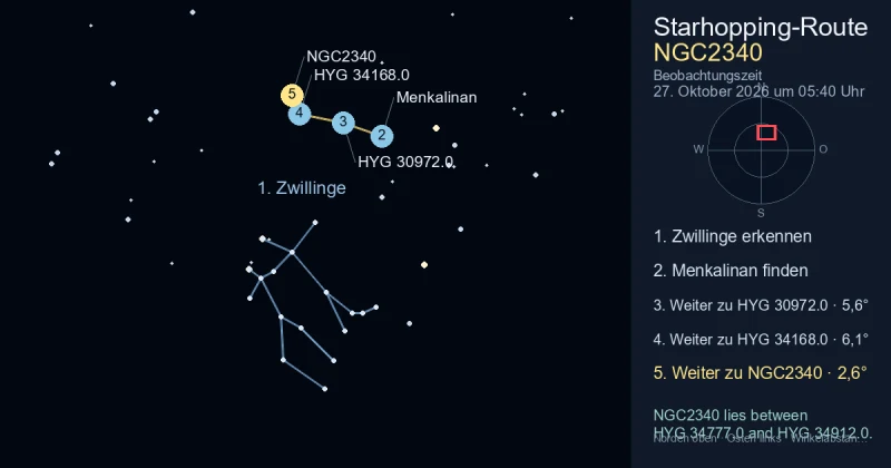 So findest du NGC2340 mithilfe von Zwillinge