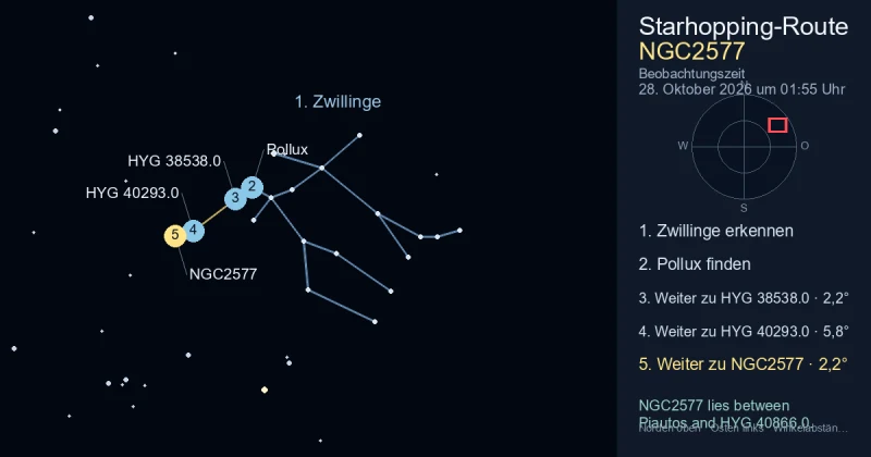So findest du NGC2577 mithilfe von Zwillinge