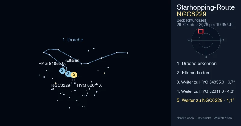 So findest du NGC6229 mithilfe von Drache