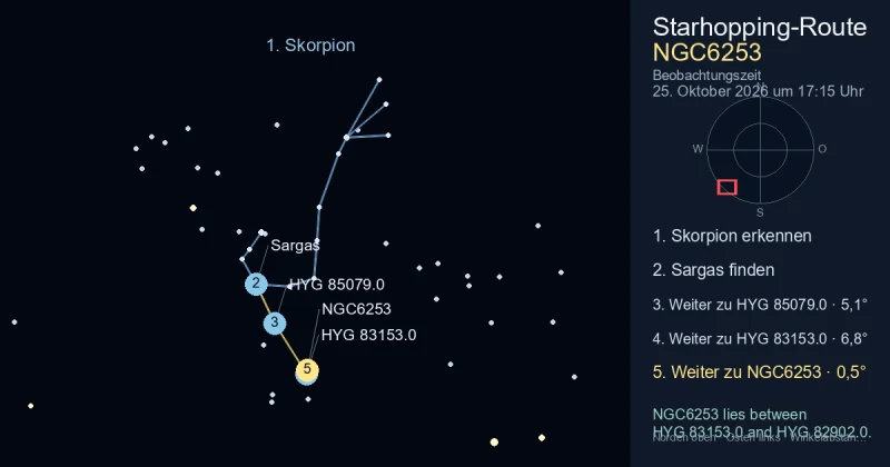 So findest du NGC6253 mithilfe von Skorpion