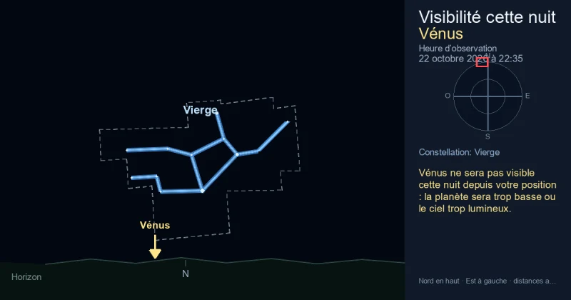 Vénus ne sera pas visible cette nuit depuis votre position : la planète sera trop basse ou le ciel trop lumineux.