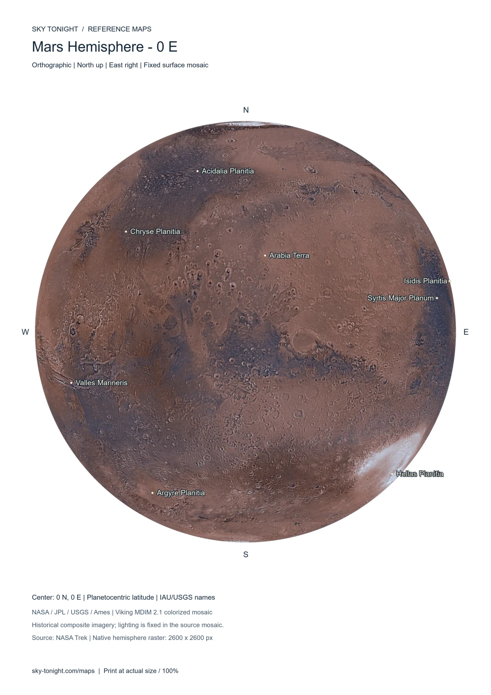 Mars Hemisphere — 0° E. Orthographic photographic Mars map centered on 0° longitude, north up and east right, showing Valles Marineris, Hellas Planitia and Arabia Terra.
