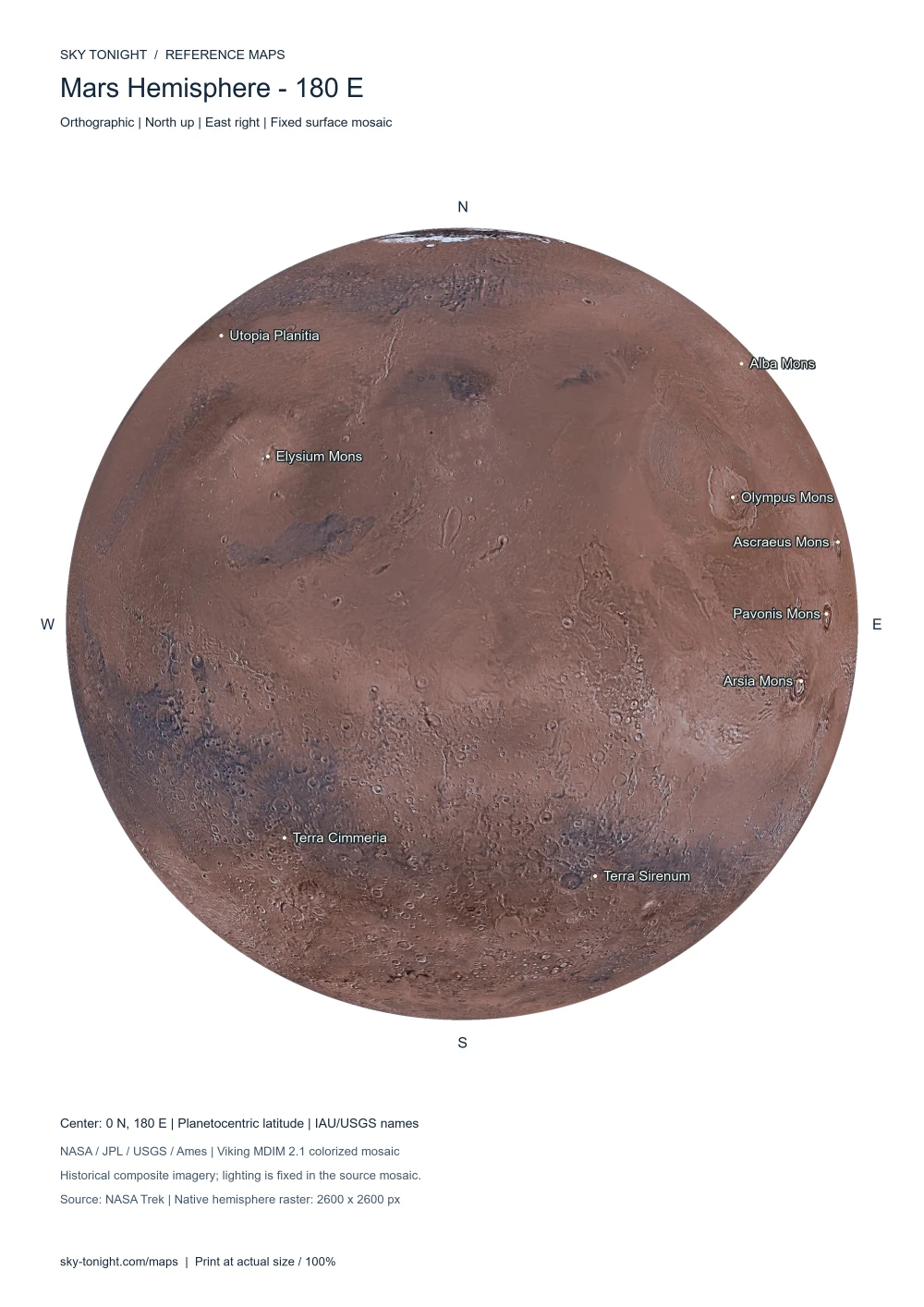 Mars Hemisphere — 180° E. Orthographic photographic Mars map centered on 180° longitude, north up and east right, showing Olympus Mons, the Tharsis volcanoes and Elysium Mons.