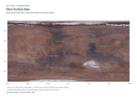 Mars Surface Map. Global equirectangular Mars surface map showing Olympus Mons, Valles Marineris, Hellas Planitia and other major geographical features.
