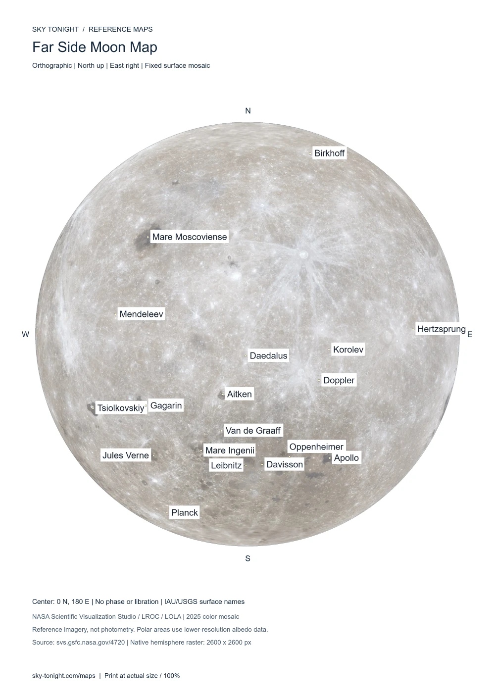 Far Side Moon Map. High-resolution photographic map of the far side of the Moon, north up, with major craters and the seas Moscoviense and Ingenii.
