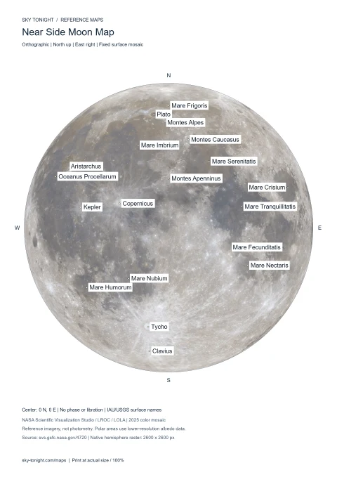 Near Side Moon Map. High-resolution photographic map of the near side of the Moon, north up, with major seas, craters and mountain ranges.