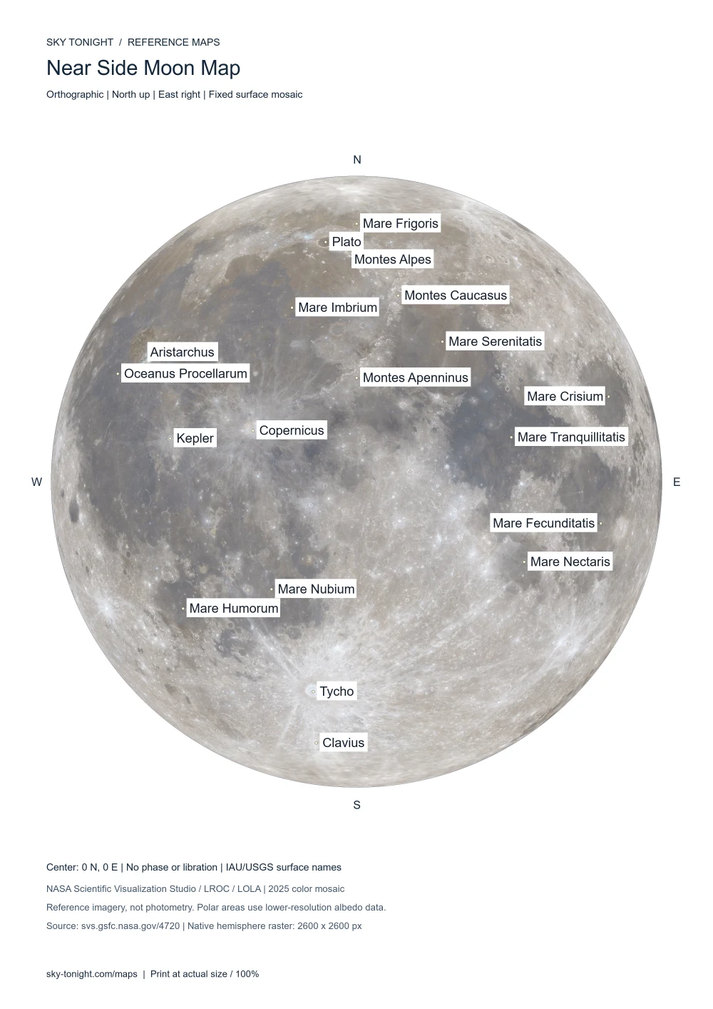 Near Side Moon Map. High-resolution photographic map of the near side of the Moon, north up, with major seas, craters and mountain ranges.