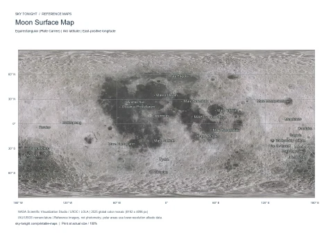 Karte der Mondoberfläche. Globale Mondkarte in äquidistanter Zylinderprojektion mit wichtigen Meeren, Kratern, Becken und weiteren benannten Oberflächenstrukturen.