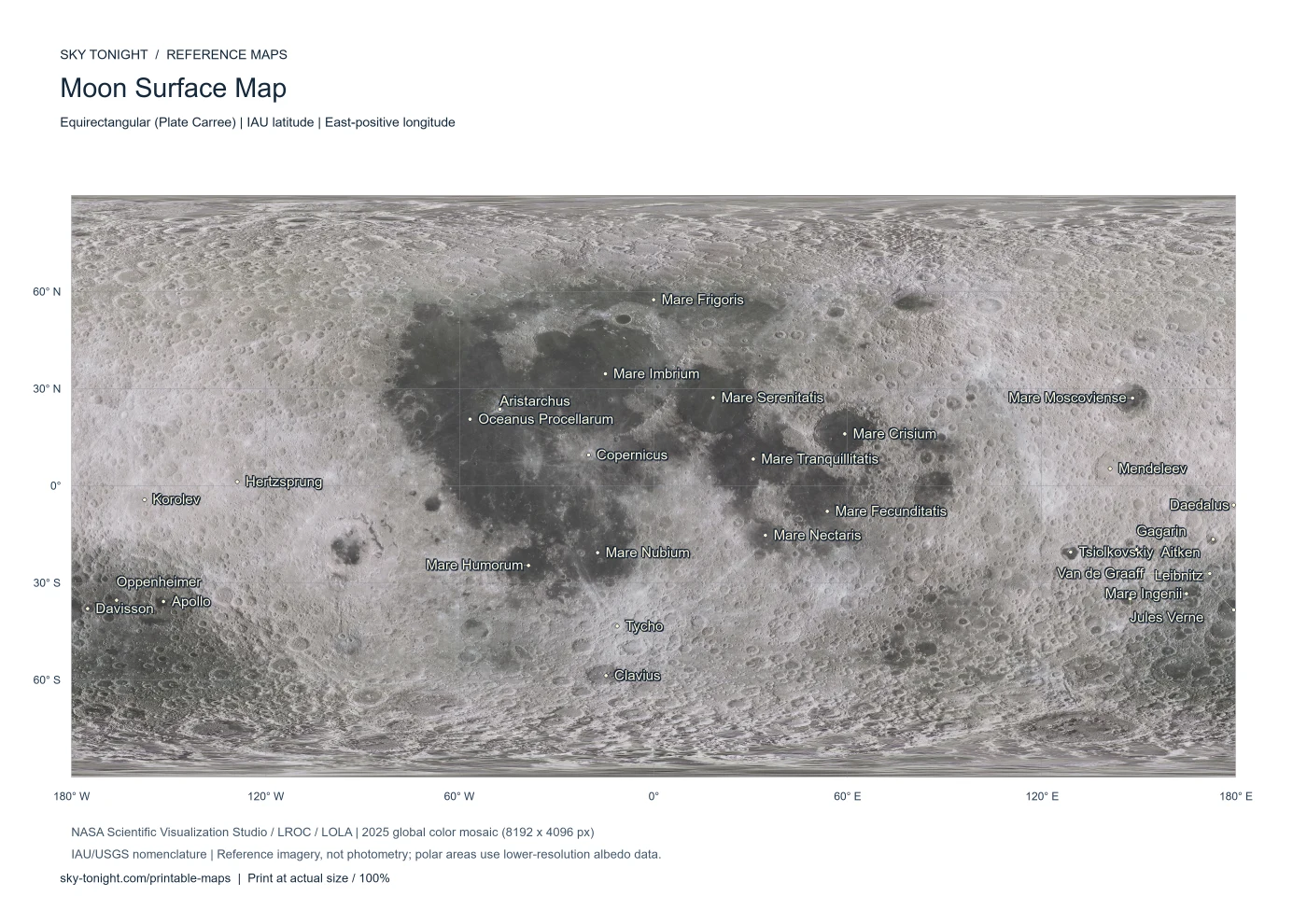 Moon Surface Map. Global equirectangular Moon surface map showing major maria, craters, basins and other named geographical features.