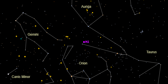 Crab Nebula (Messier M1) on the sky map